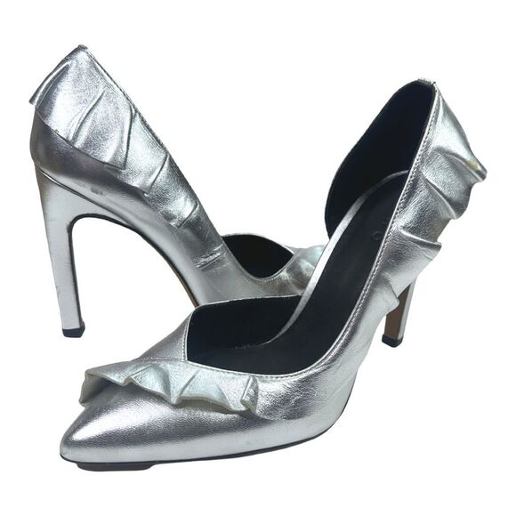 IRO D’Orsay Metallic Silver Ruffled Heels - Size 38 - Picture 3 of 10